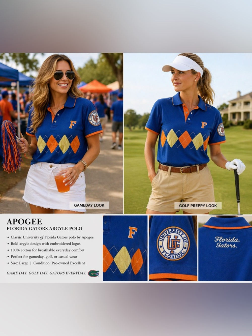 ✨ 18 yr old University of Florida Argyle Embroidered Polo Shirt - Blue & Orange